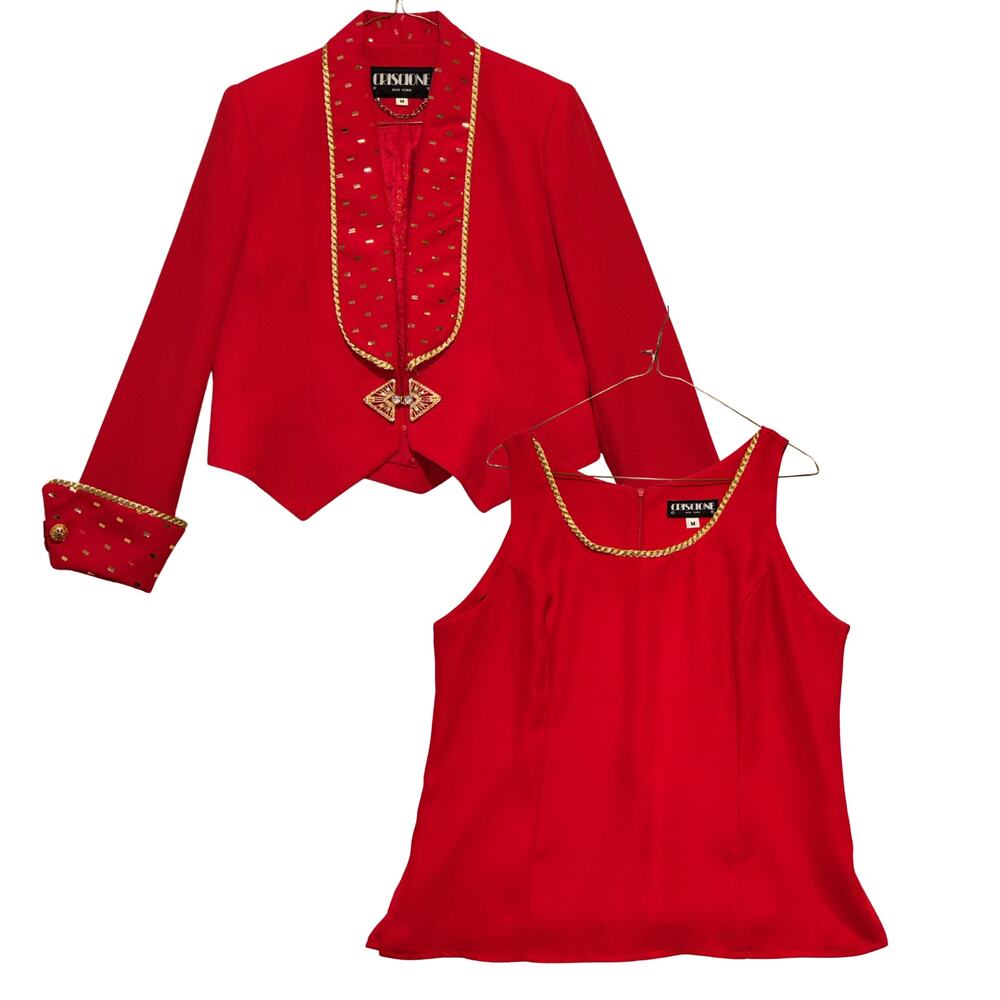 Vintage 80s Criscione Blazer/Tank Set Womens Medium Red Braided Rope Embellished